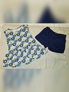 Girls Size 10 Floral Daisy Peplum Tank Top & Navy Shorts Set Used Good